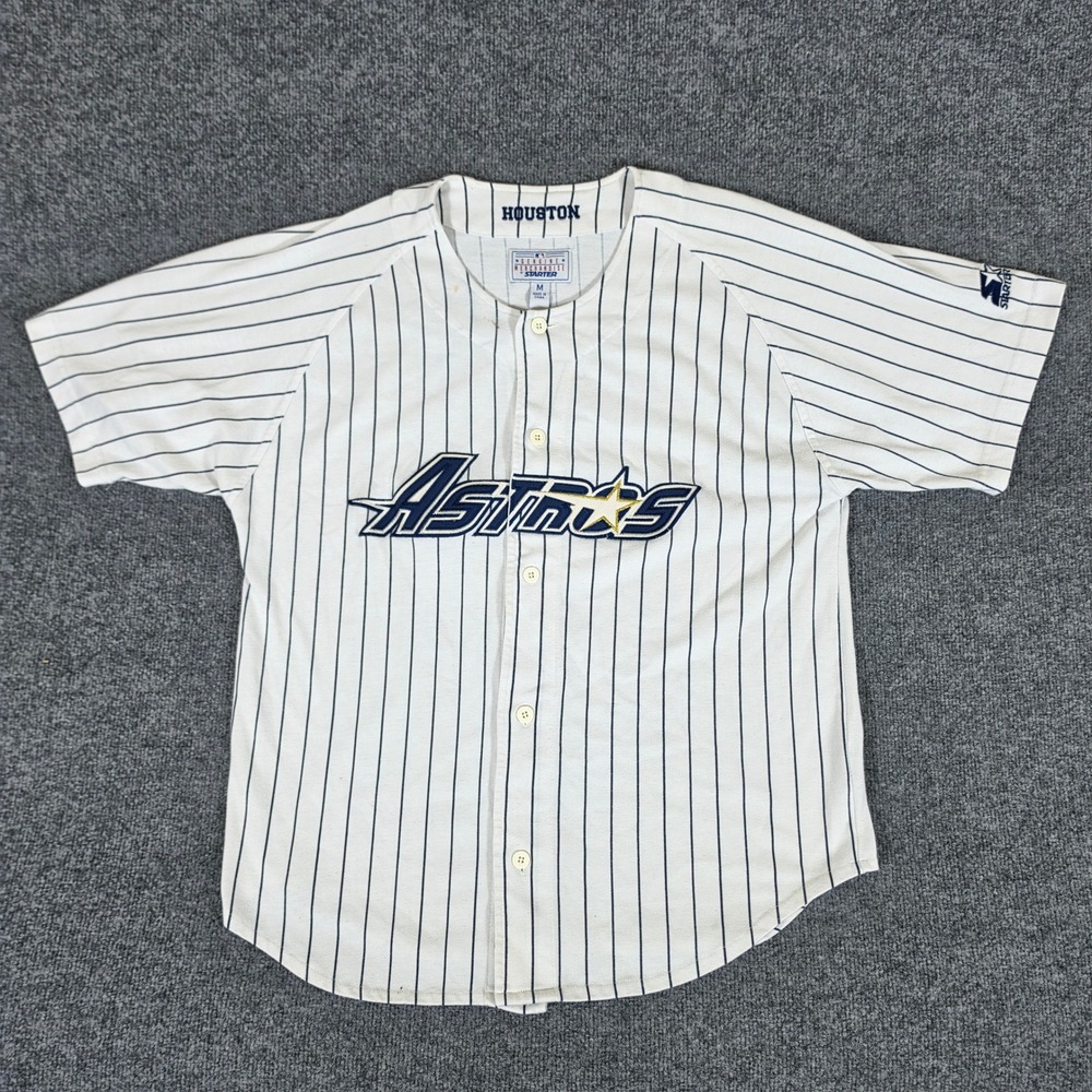 90s Starter Houston Astros MLB Pinstripe Baseball Jersey Mens M White Navy Flaw